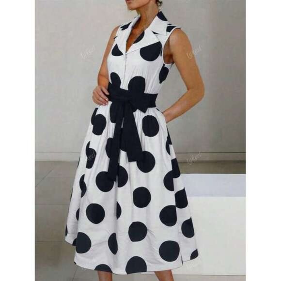 Women's Elegant V-Neck Polka Dot Contrast Color Pocket Sleeveless Casual Dress - Picture 3 of 9